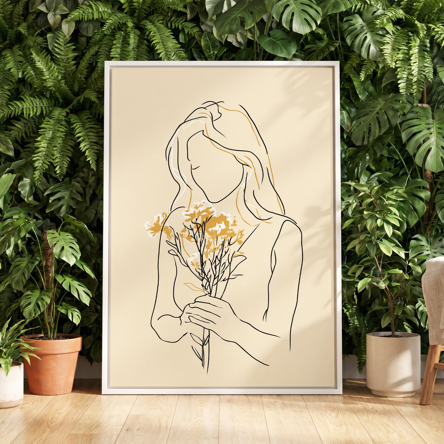 Minimalist Woman with Flowers Line Art