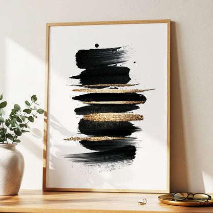 Black and Gold Abstract Brushstroke Wall Art