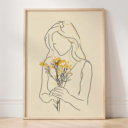 Minimalist Woman with Flowers Line Art