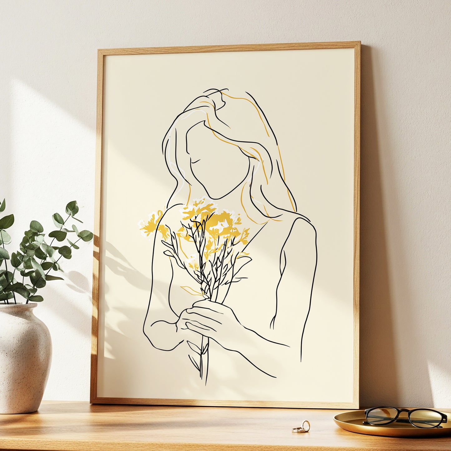 Minimalist Woman with Flowers Line Art