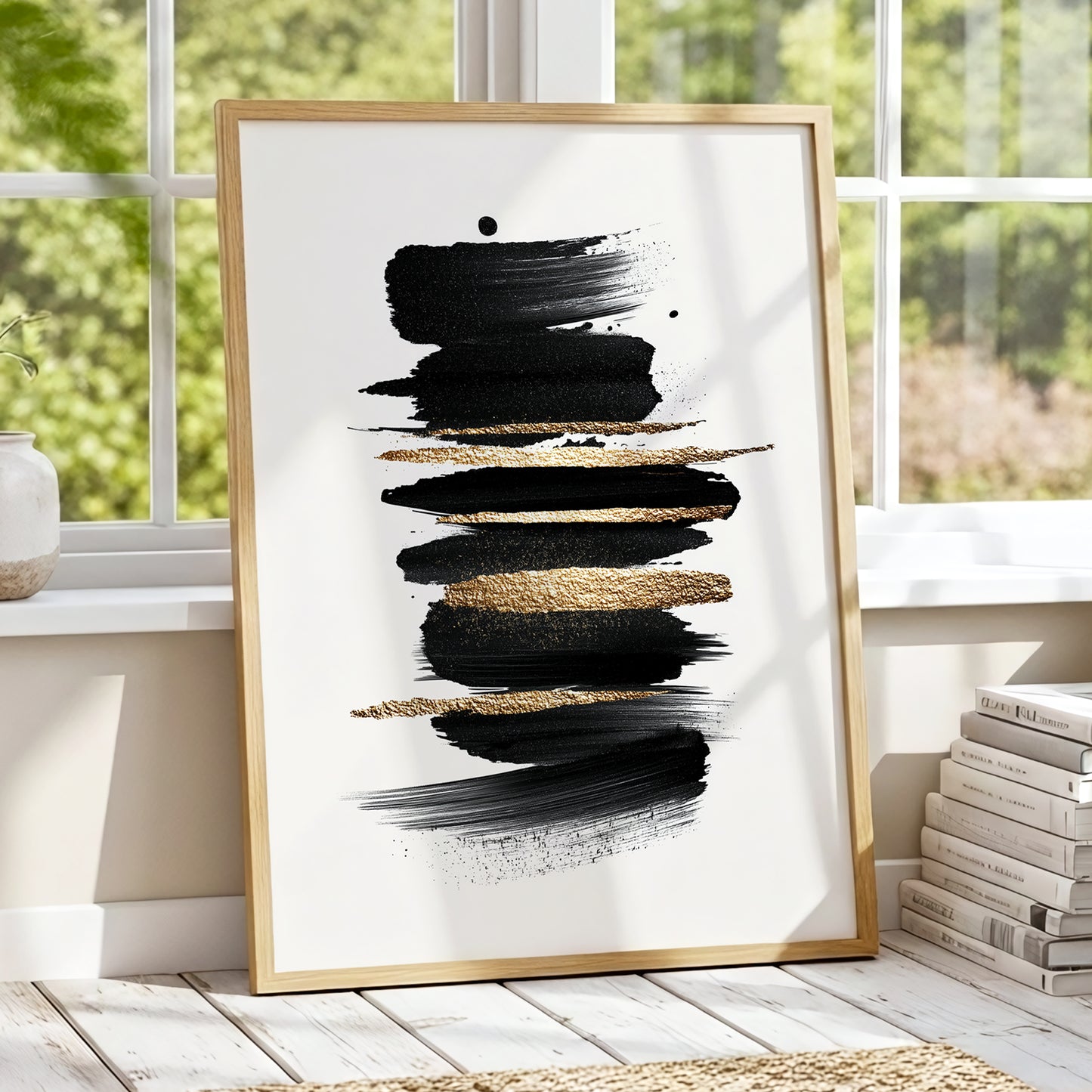 Black and Gold Abstract Brushstroke Wall Art