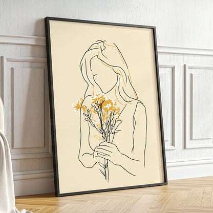 Minimalist Woman with Flowers Line Art