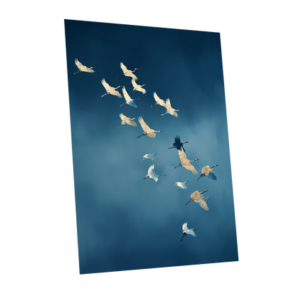 A vertical wall art print showing a flock of white cranes flying against a deep blue sky, displayed at an angle on a white background.