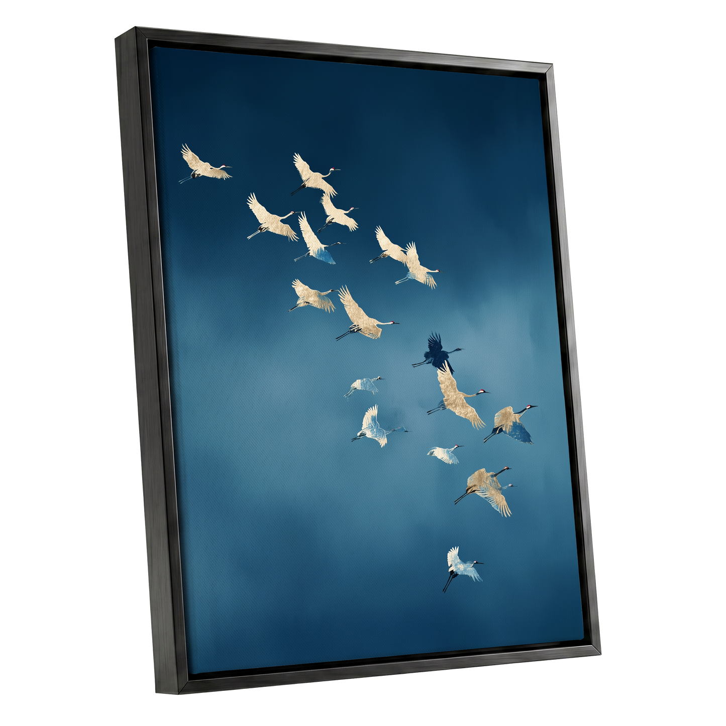 Framed wall art featuring a flock of cranes flying across a deep blue sky, shown in a black frame against a plain white background.