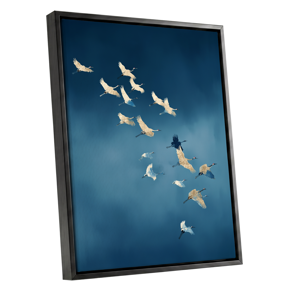 Framed wall art featuring a flock of cranes flying across a deep blue sky, shown in a black frame against a plain white background.