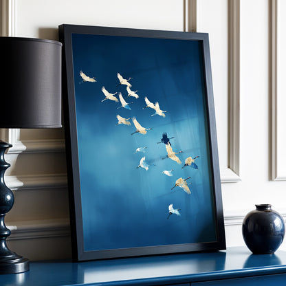 A framed art print featuring a flock of white cranes flying diagonally across a deep blue background, styled on a blue console table next to a black lamp and a small black vase.