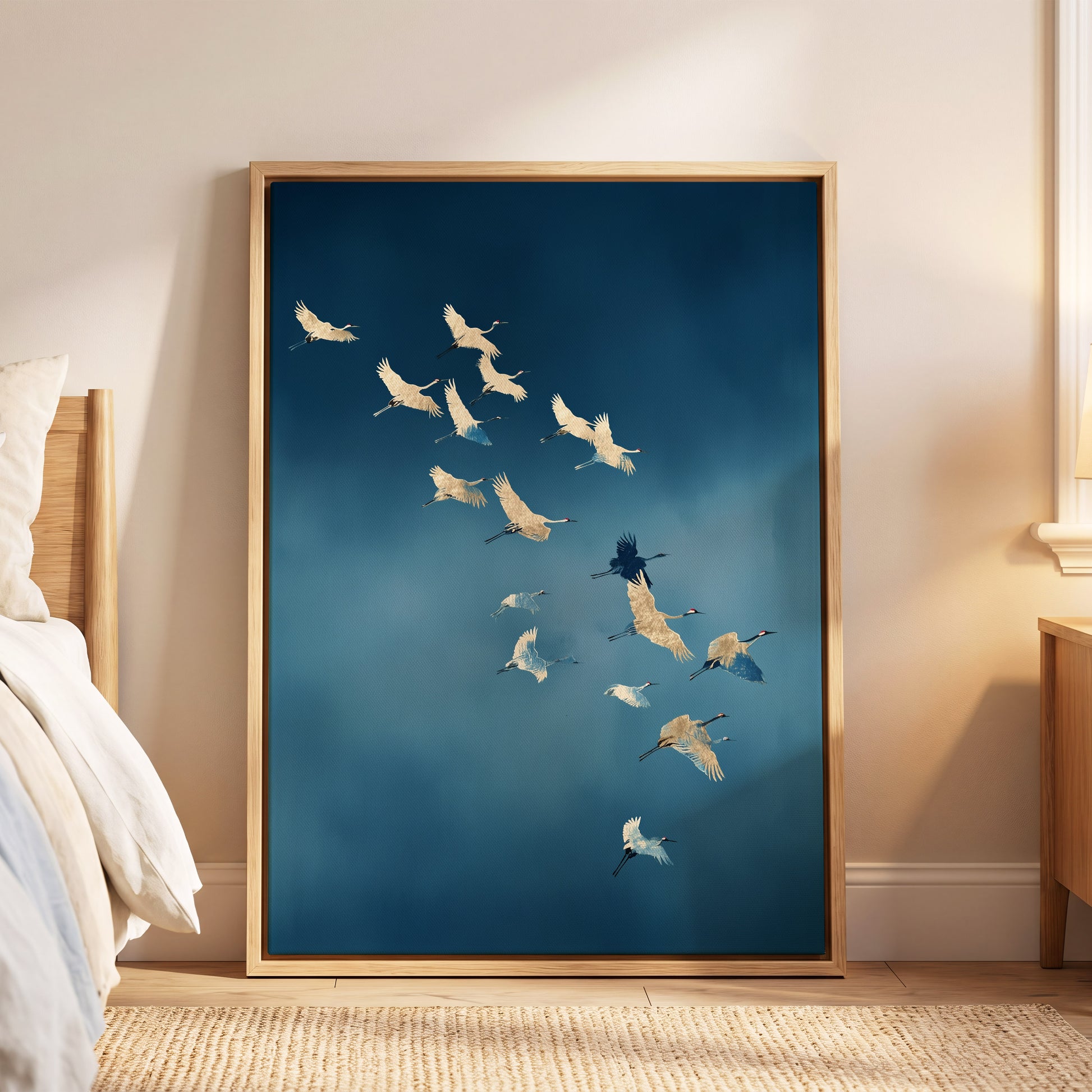 A framed wall art print leaning against a bedroom wall, showing a flock of white cranes flying against a deep blue gradient background. The print has a light wood frame and is styled in a warm, modern bedroom setting.