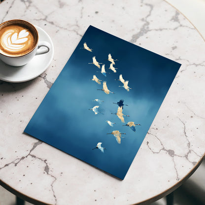 Art print of birds flying on a blue background next to a cup of coffee on a marble table.