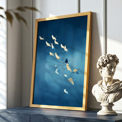 A framed art print leaning against a wall on a console table, featuring a flock of white and light blue cranes on a deep blue background. The print has a gold frame and is styled next to a classical bust sculpture.
