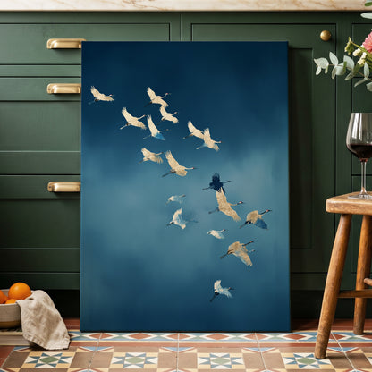 A vertical canvas print featuring a flock of white cranes flying against a deep blue sky, styled leaning against dark green kitchen cabinets in a home interior.