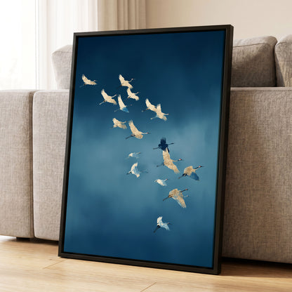A framed wall art print leaning against a beige sofa on a light wood floor. The artwork shows a flock of white cranes flying against a deep blue sky background.