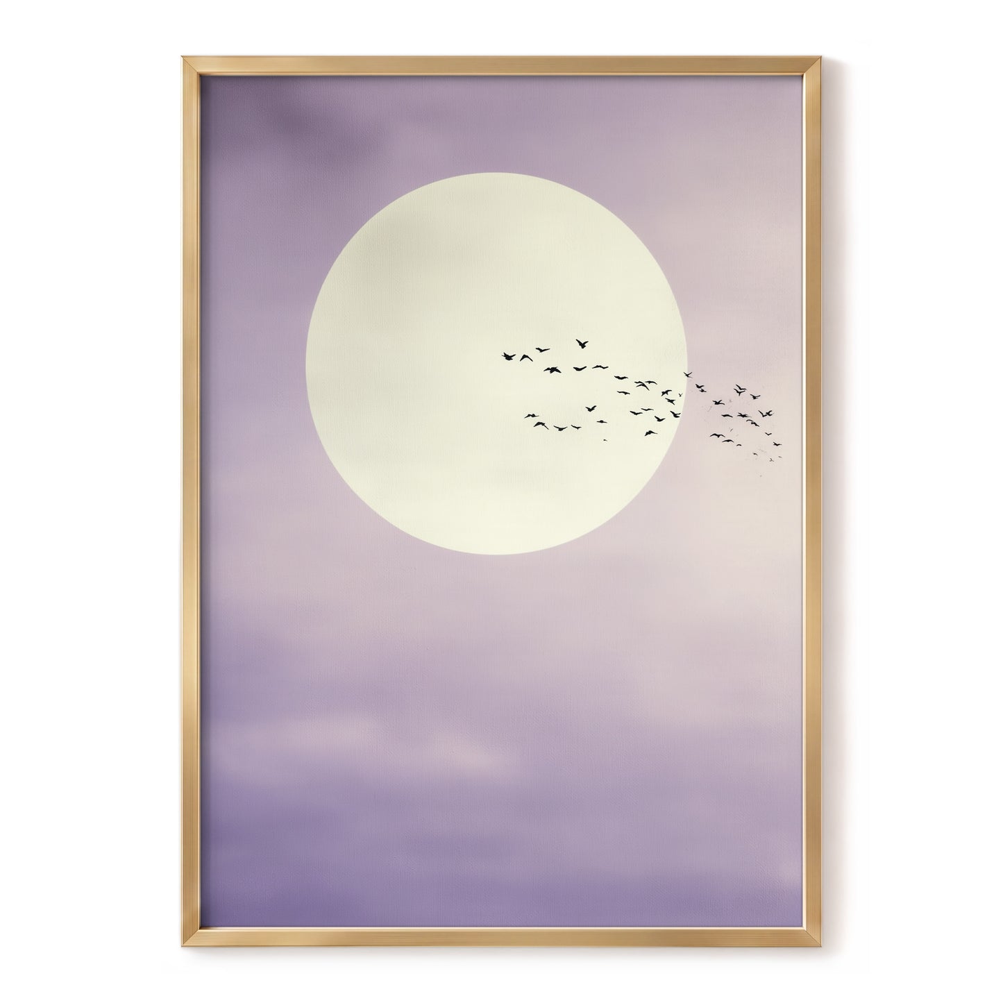 A framed art print featuring a large cream-colored moon and a flock of small black birds against a soft lavender-purple sky, enclosed in a thin gold frame.