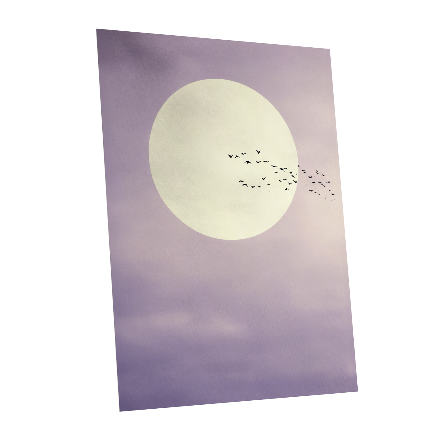A vertical art print or poster showing a large pale moon over a soft lavender-purple sky with a small flock of birds in flight, isolated on a white background.