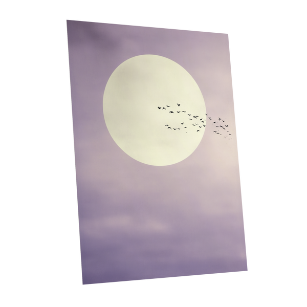 A vertical art print or poster showing a large pale moon over a soft lavender-purple sky with a small flock of birds in flight, isolated on a white background.