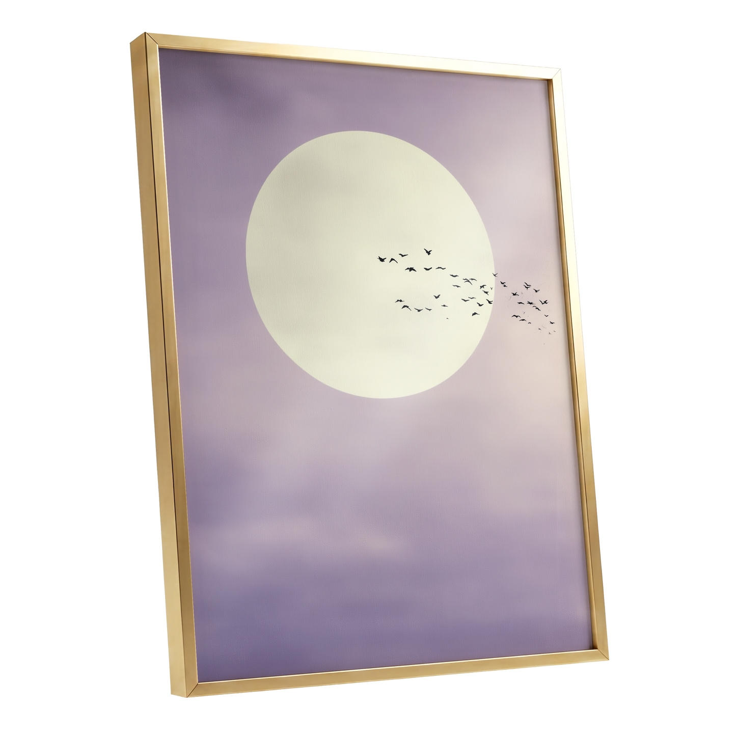 Framed wall art featuring a large cream moon and a flock of small black birds against a soft lavender-purple sky, shown in a thin gold frame on a white background.
