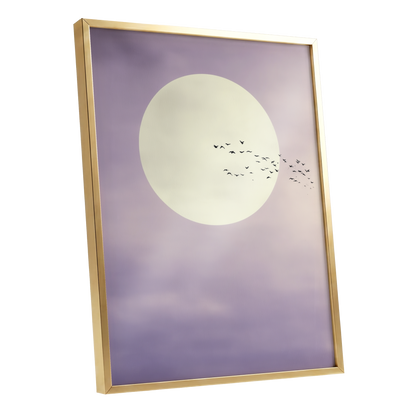 Framed wall art featuring a large cream moon and a flock of small black birds against a soft lavender-purple sky, shown in a thin gold frame on a white background.