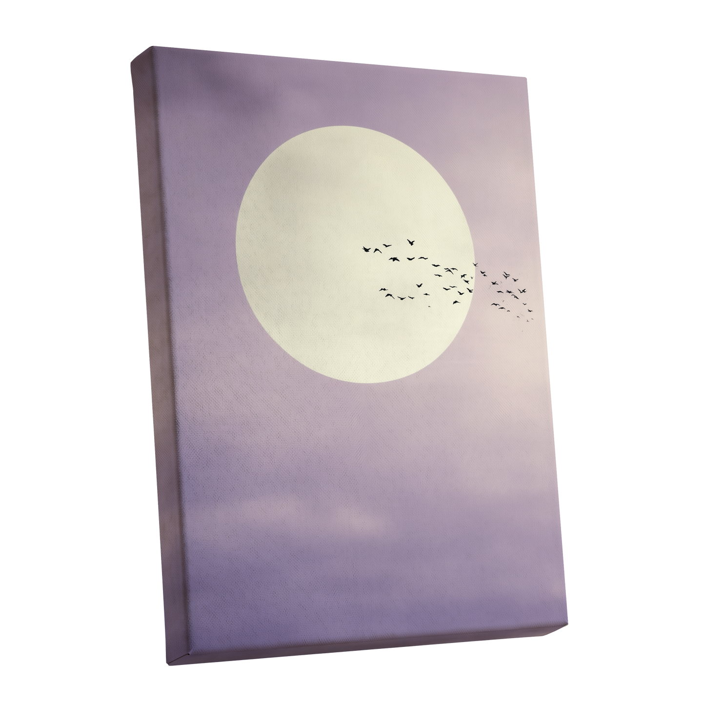 A vertical canvas wall art print showing a large pale moon over a lavender-purple sky with a small flock of birds in silhouette, photographed against a plain white background.