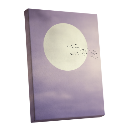A vertical canvas wall art print showing a large pale moon over a lavender-purple sky with a small flock of birds in silhouette, photographed against a plain white background.
