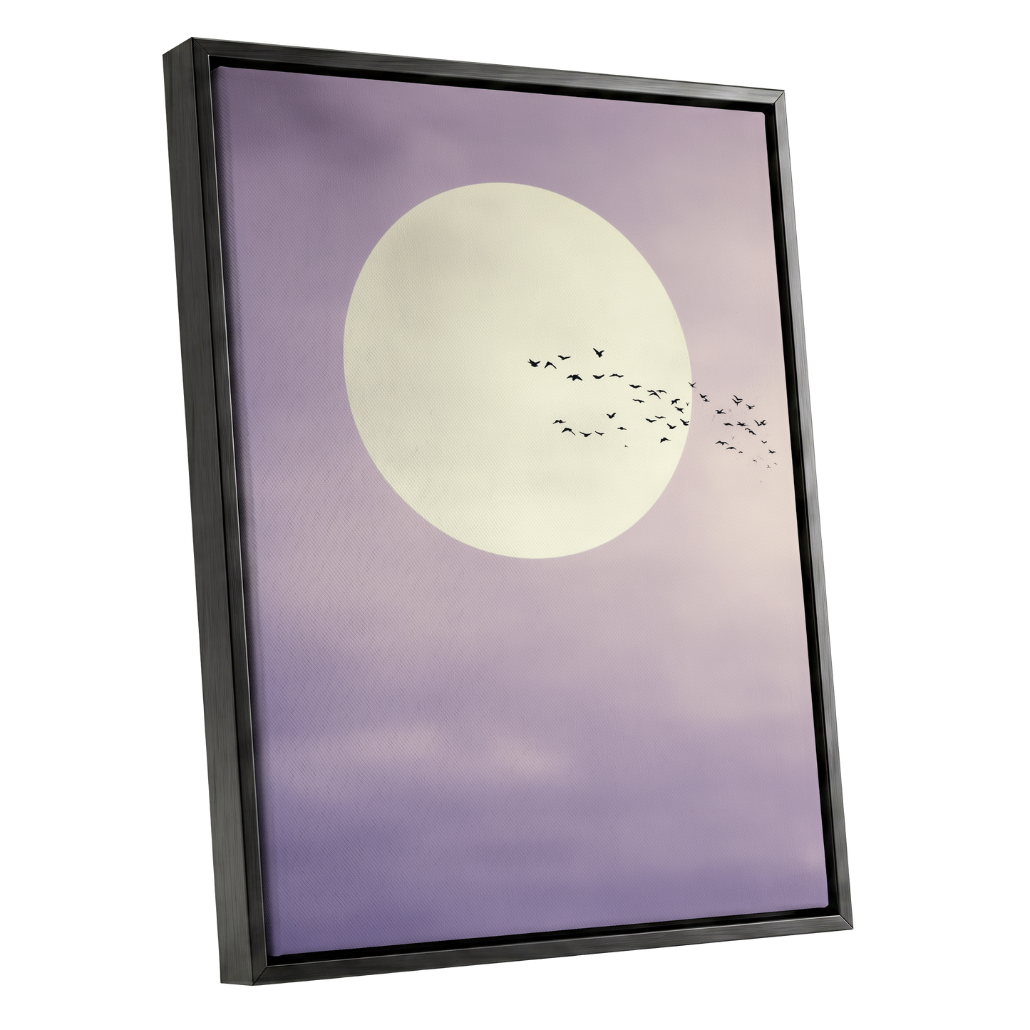 Framed wall art featuring a large cream full moon against a lavender-purple sky with a flock of small birds flying across it, shown in a black frame on a white background.