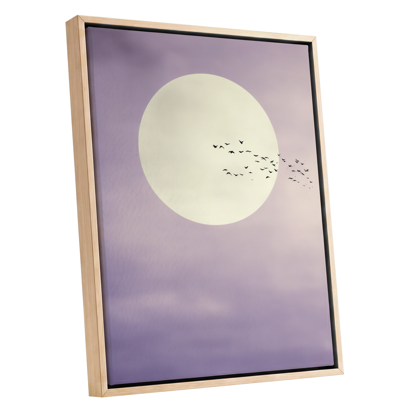 Framed wall art featuring a large cream moon and a flock of birds against a soft lavender-purple sky, shown in a light natural wood frame on a white background.