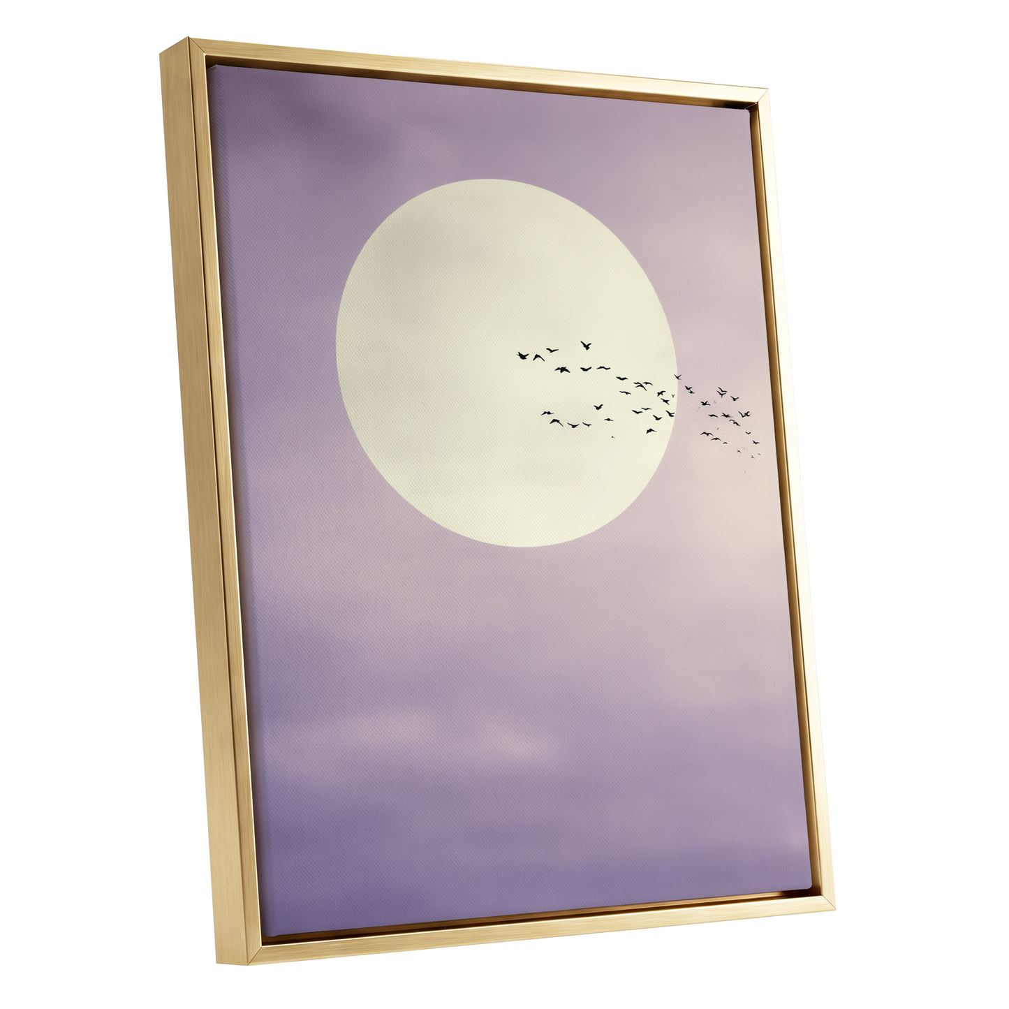 A framed art print featuring a large cream-colored moon against a soft lavender-purple sky with a flock of small birds flying across it, enclosed in a thin gold frame.