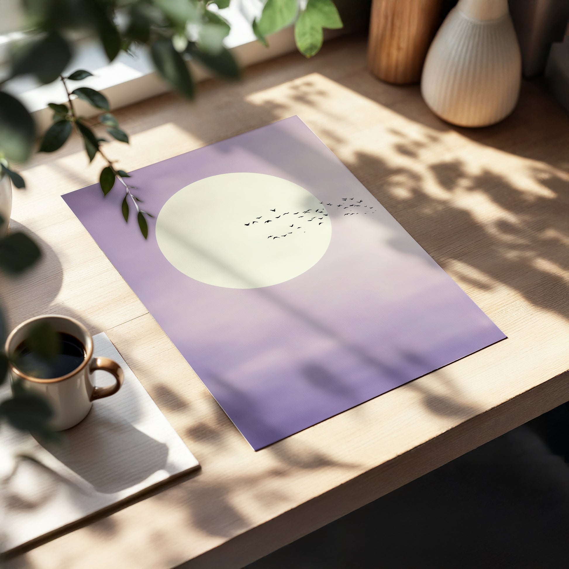 Decorative poster with a circular design on a wooden surface with a cup and plant.