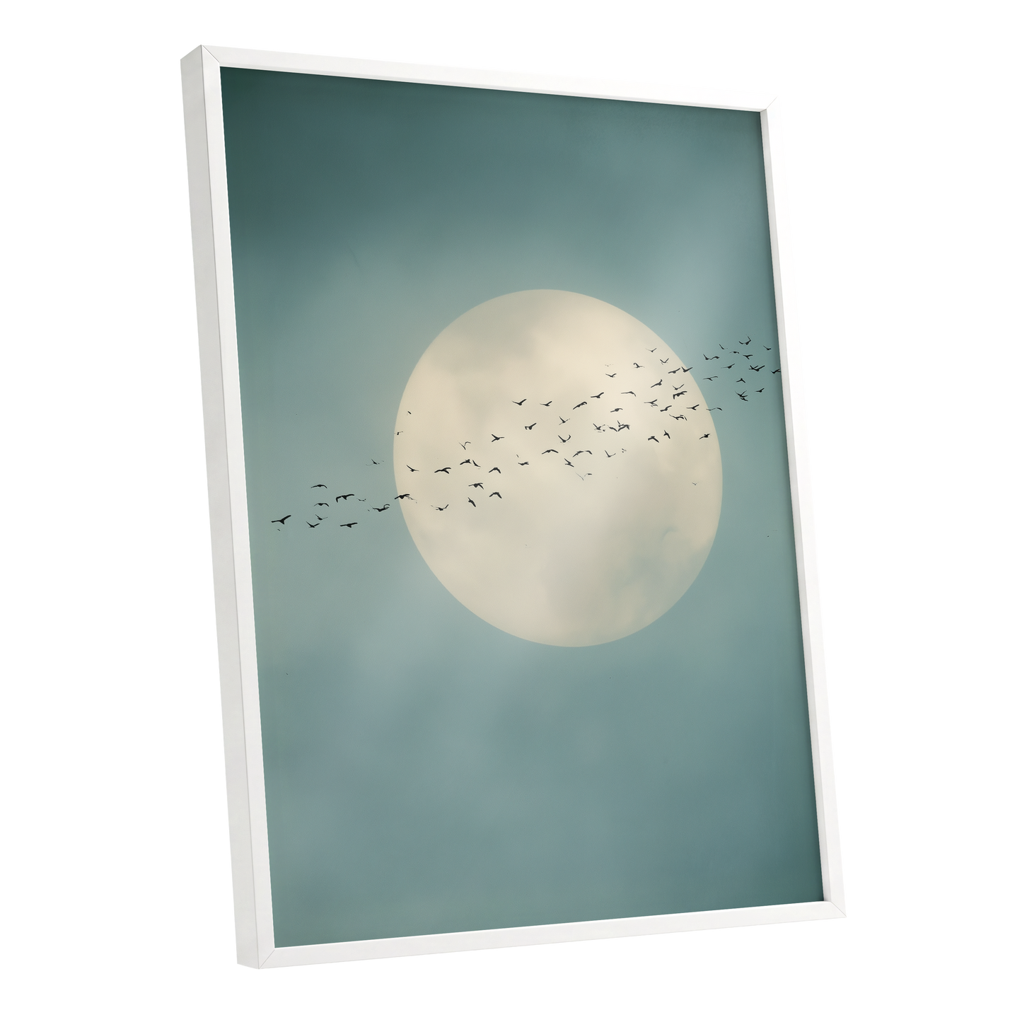 Framed wall art featuring a large cream-colored full moon against a muted teal-blue sky with a flock of birds flying across it, shown in a white floating frame on a white background.