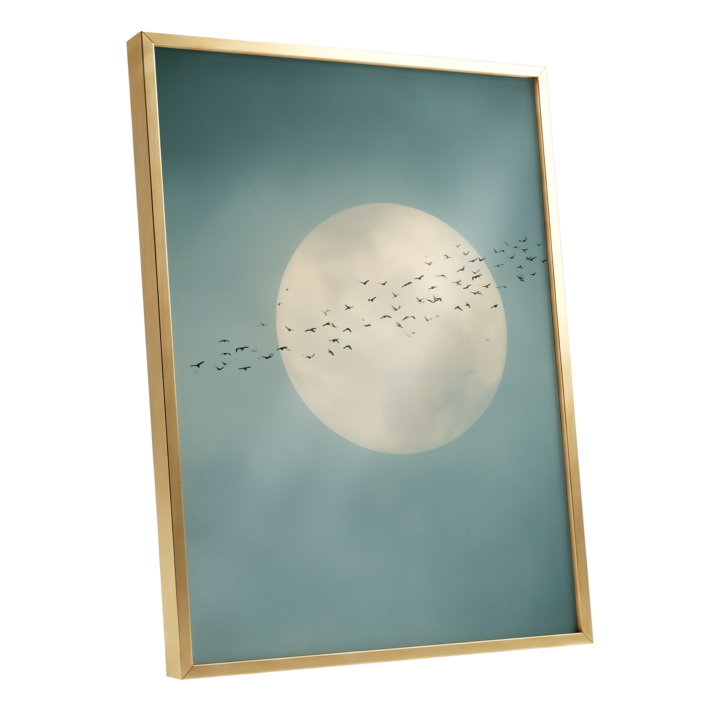 Framed wall art featuring a large pale moon and a flock of birds against a muted blue-green sky, shown in a thin gold frame on a white background.