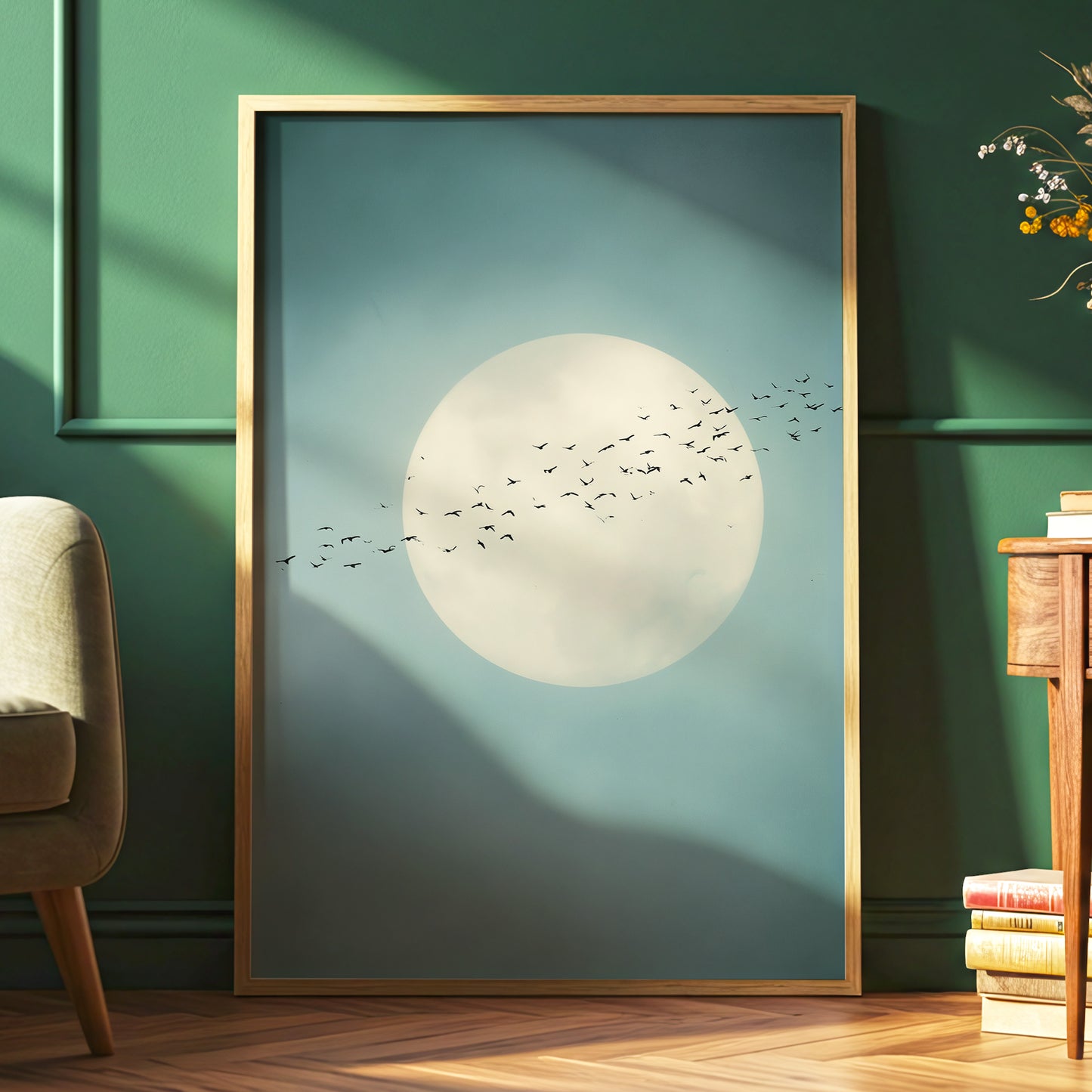A large framed wall art print leaning against a green wall in a styled room. The artwork shows a pale full moon with a flock of small birds across a muted blue-gray sky.