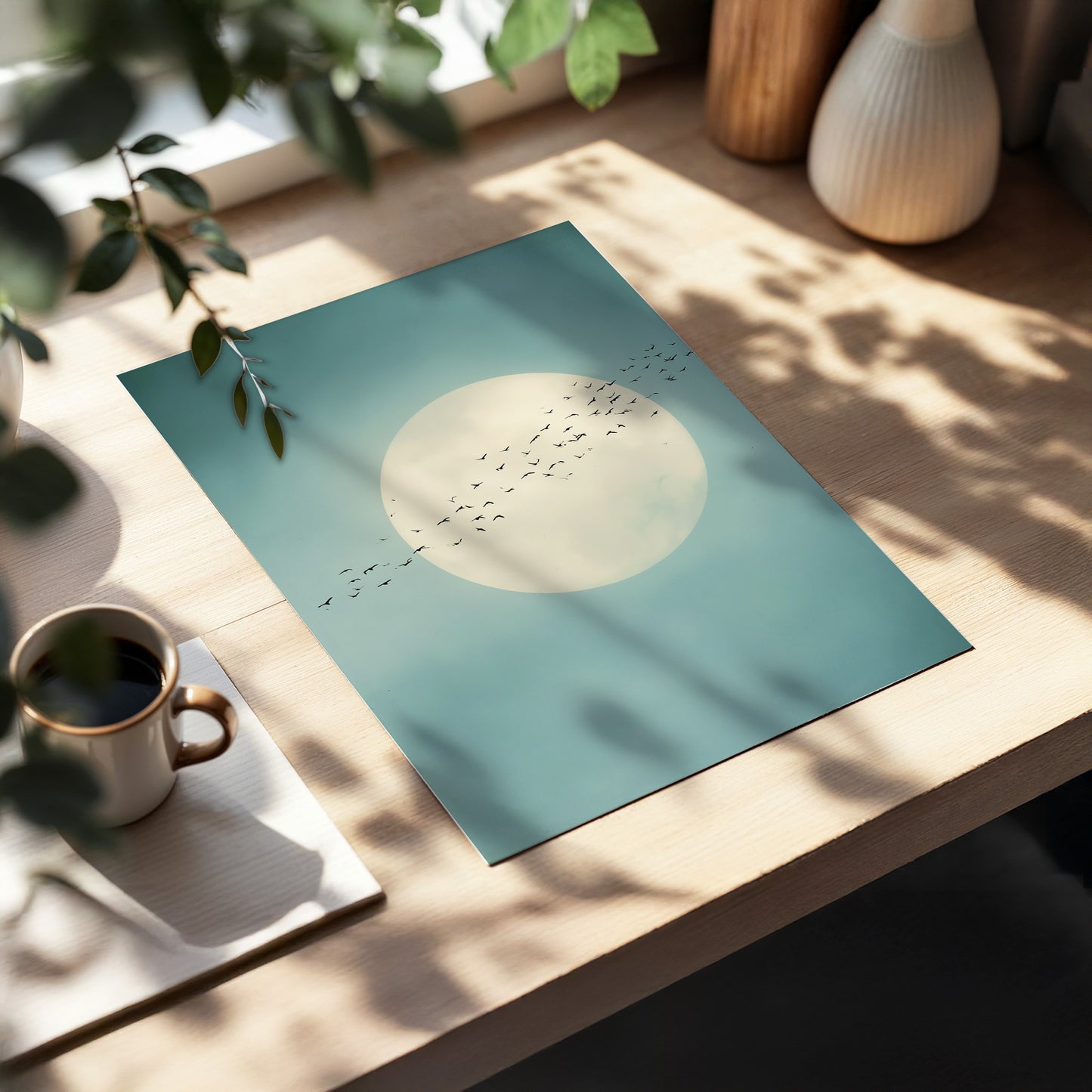 A square art print featuring a minimalist design of a large cream moon and bird silhouette on a muted teal-blue background, styled on a light wood desk with a coffee cup, plant leaves, and decorative vases.