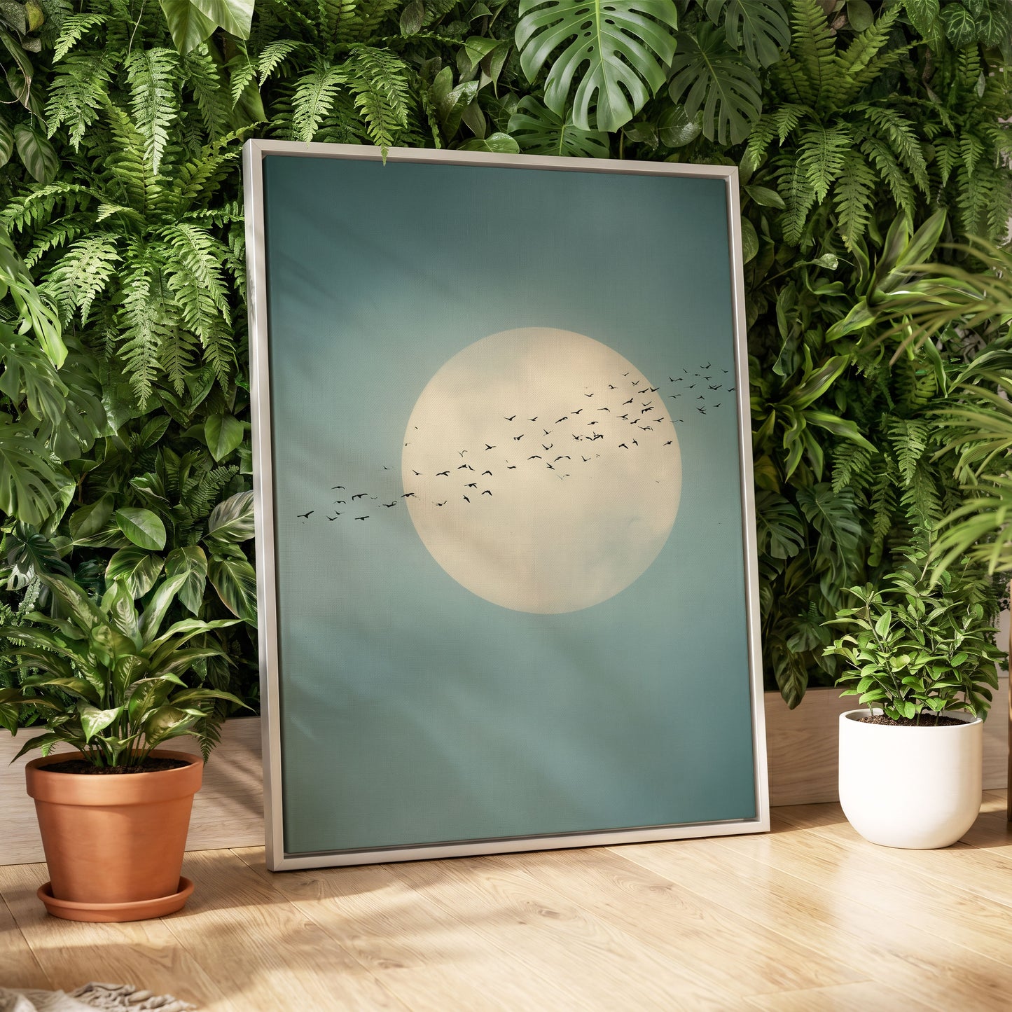 A framed art print featuring a large cream-colored moon with a flock of birds flying across a teal-blue sky, styled leaning against a wall of green houseplants on a light wood floor.