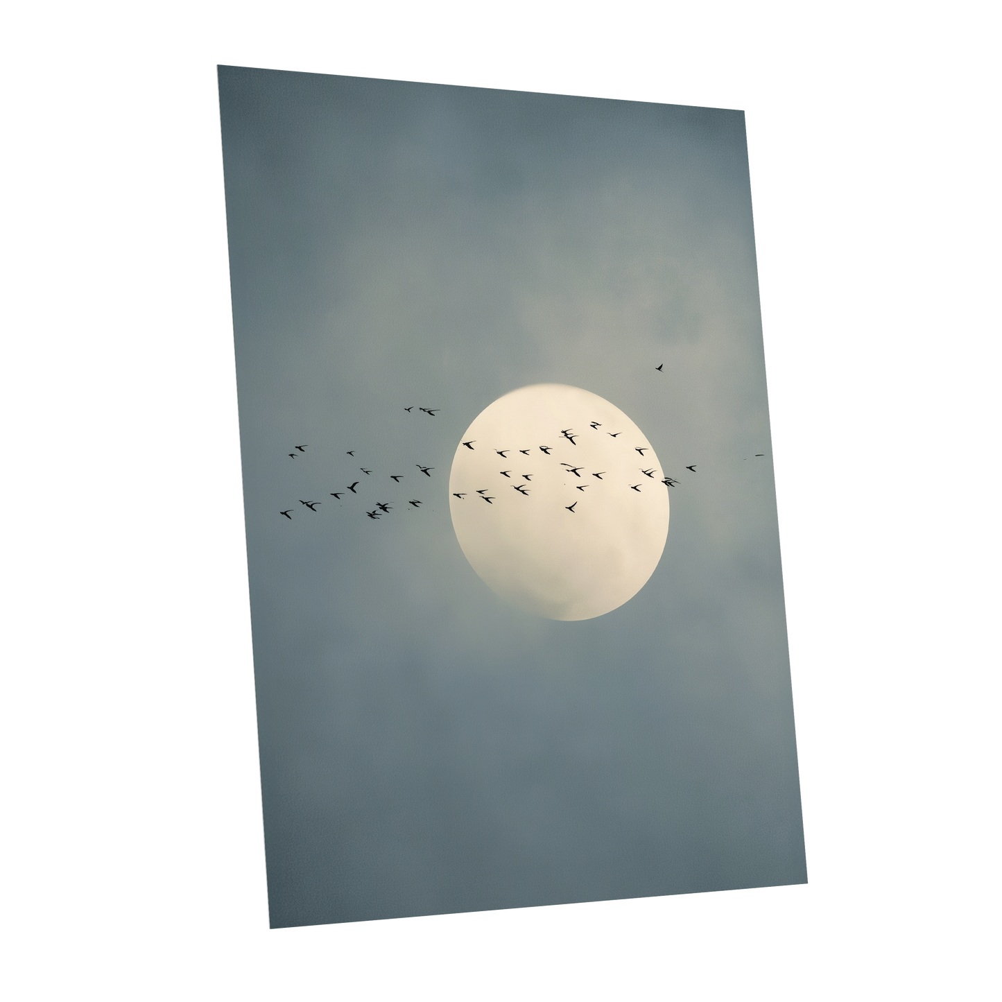 A vertical art print or poster showing a pale full moon surrounded by a flock of small birds against a muted blue-gray cloudy sky, photographed on a plain white background.
