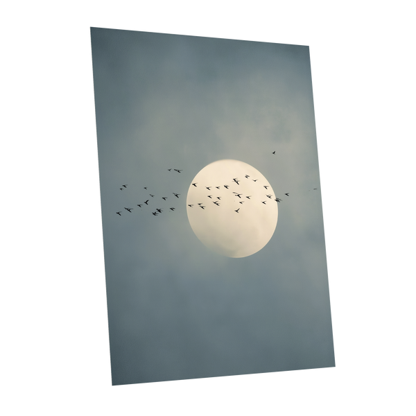 A vertical art print or poster showing a pale full moon surrounded by a flock of small birds against a muted blue-gray cloudy sky, photographed on a plain white background.