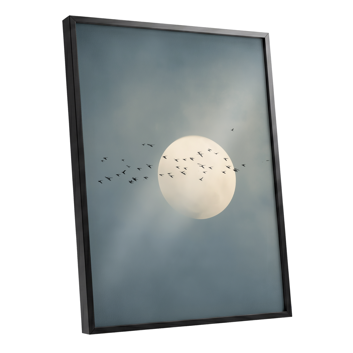 Framed wall art featuring a pale full moon and small flying birds against a misty blue-gray sky, shown in a black frame on a white background.