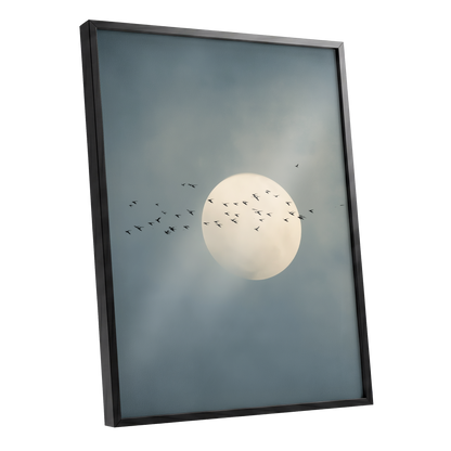 Framed wall art featuring a pale full moon and small flying birds against a misty blue-gray sky, shown in a black frame on a white background.