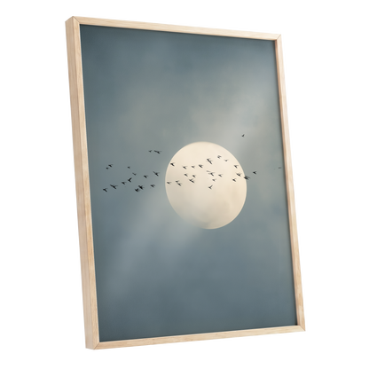 Framed wall art featuring a pale full moon with small black bird silhouettes against a muted blue-gray cloudy sky, shown in a light natural wood frame on a white background.