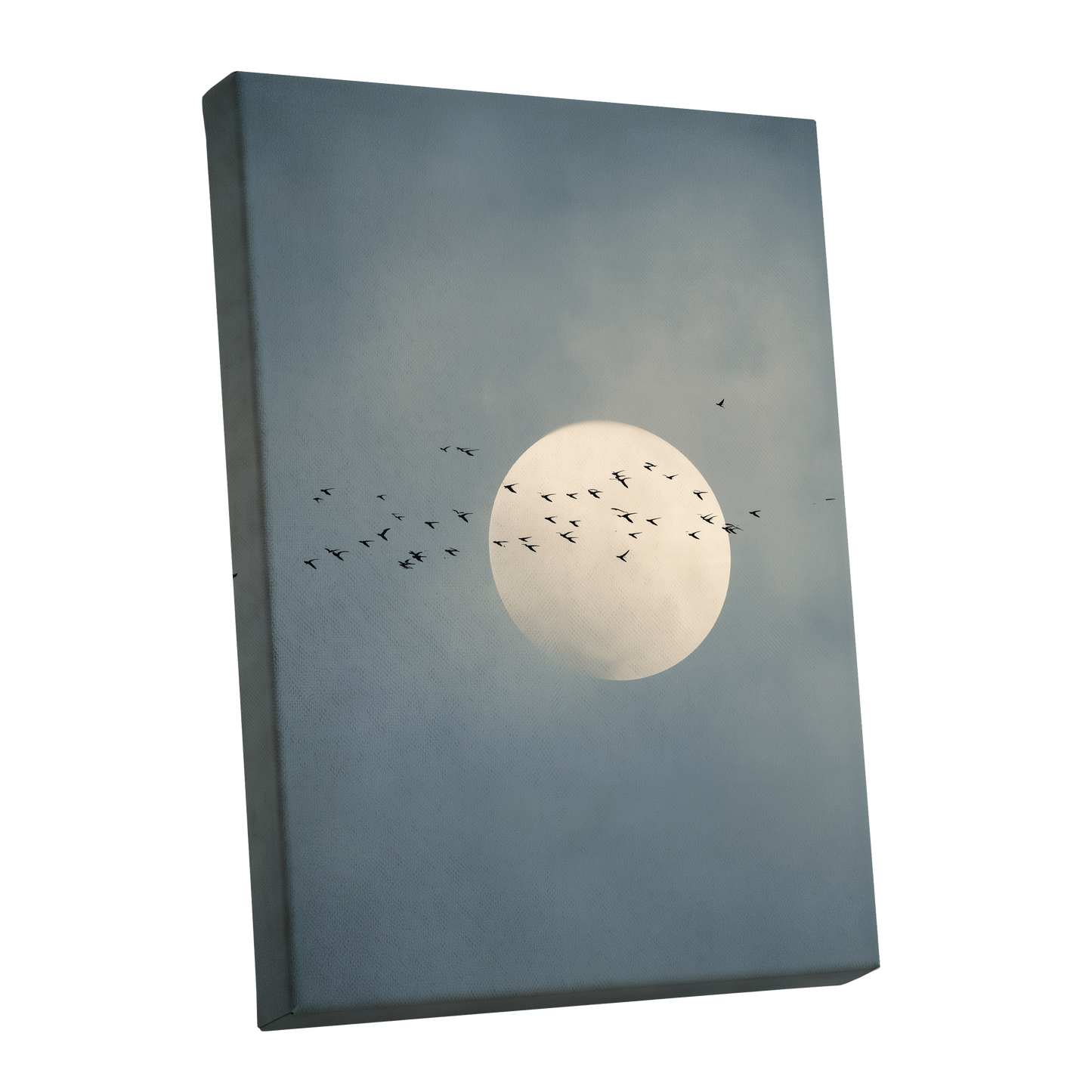 A square gallery-wrapped canvas print featuring a full moon and a flock of birds against a cloudy blue-gray sky, shown at an angle on a white background.