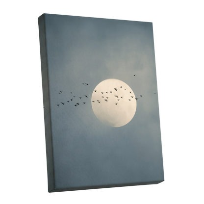 A square gallery-wrapped canvas print featuring a full moon and a flock of birds against a cloudy blue-gray sky, shown at an angle on a white background.