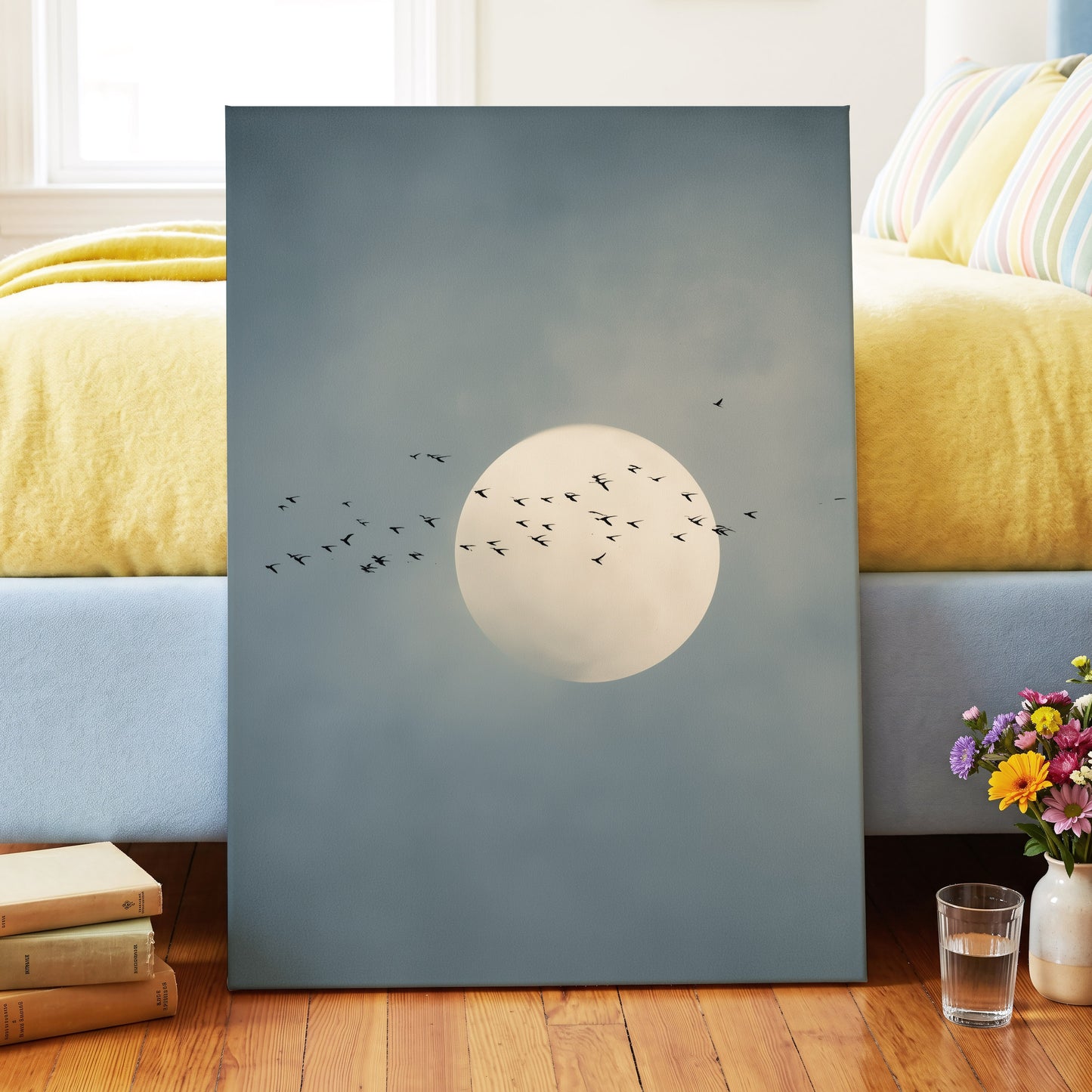 A vertical canvas wall art print leaning against a bed in a bedroom. The artwork depicts a large pale full moon with small black birds flying across a muted blue-gray sky.