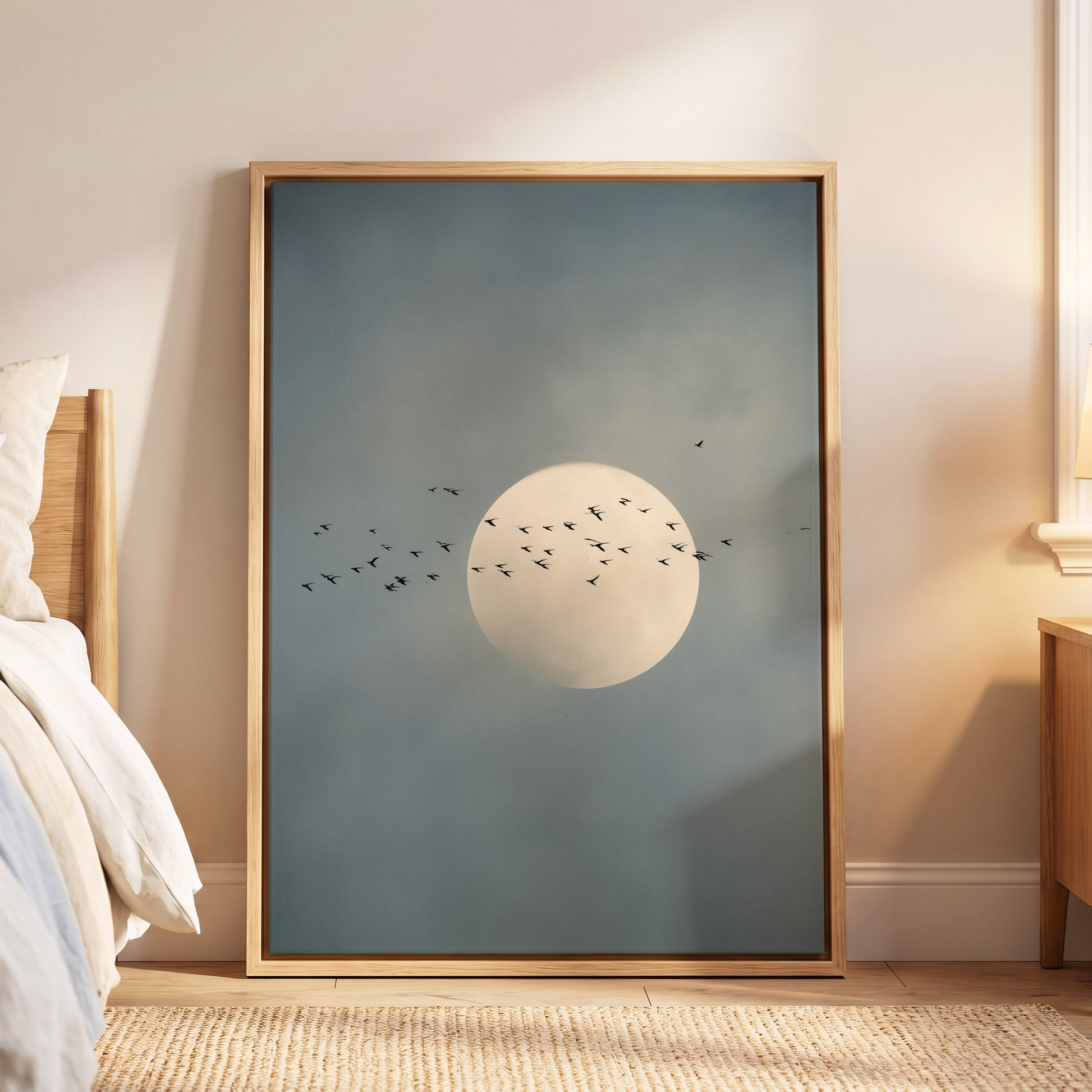 A framed minimalist art print featuring a large white moon and a flock of birds against a muted blue-gray sky, styled in a warm, modern bedroom setting.