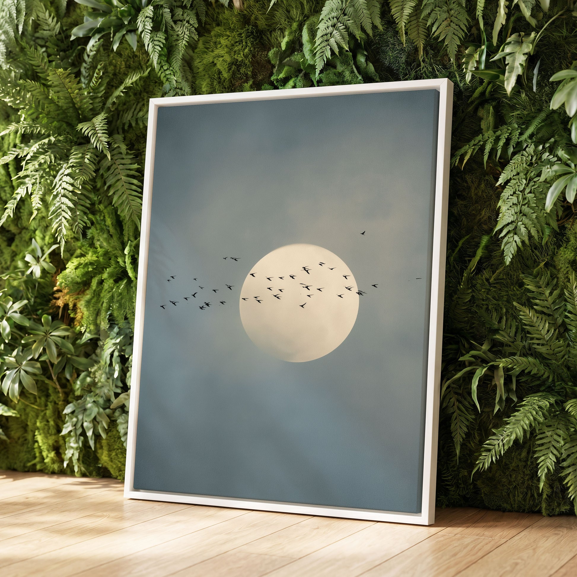 A framed art print featuring a pale full moon and flying birds against a muted blue-gray sky, leaning against a lush green fern wall on a light wood floor.