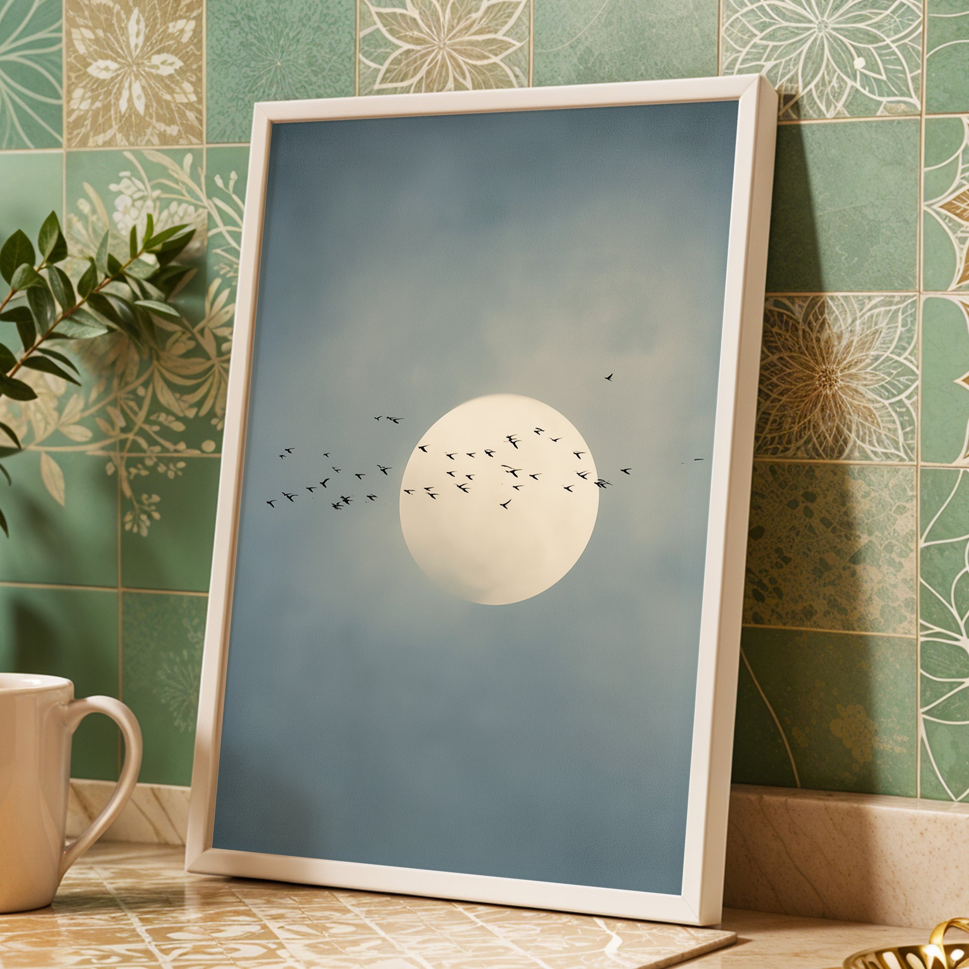 A framed art print leaning against a green patterned tile wall on a countertop. The print shows a large pale moon with a flock of small birds against a muted blue sky.