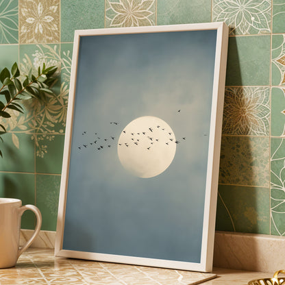 A framed art print leaning against a green patterned tile wall on a countertop. The print shows a large pale moon with a flock of small birds against a muted blue sky.