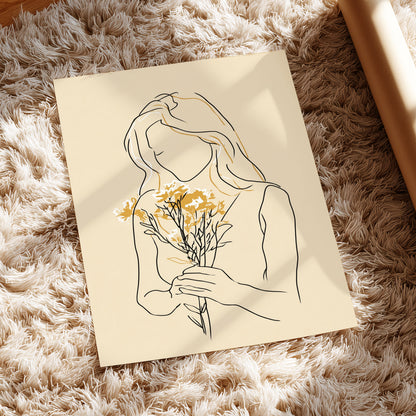 Minimalist Woman with Flowers Line Art