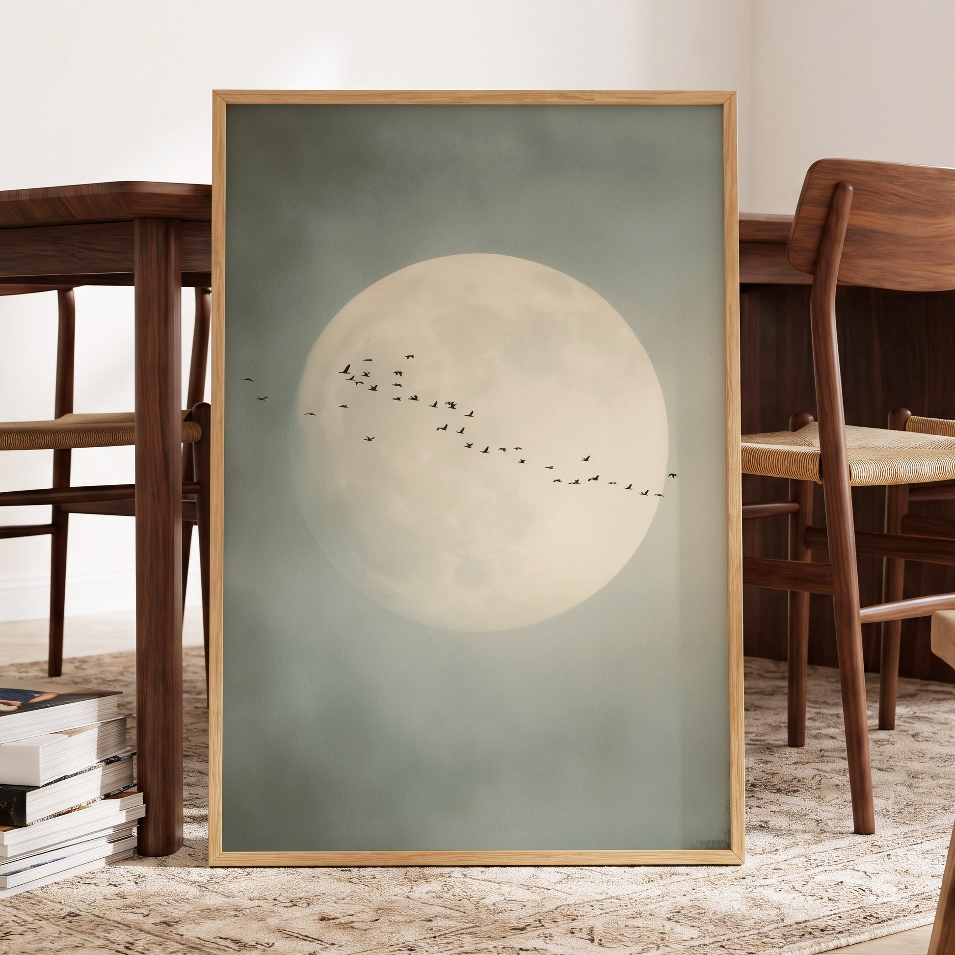 A framed art print featuring a large cream-colored moon and a flock of birds against a muted sage green background, styled in a warm, modern dining room setting.