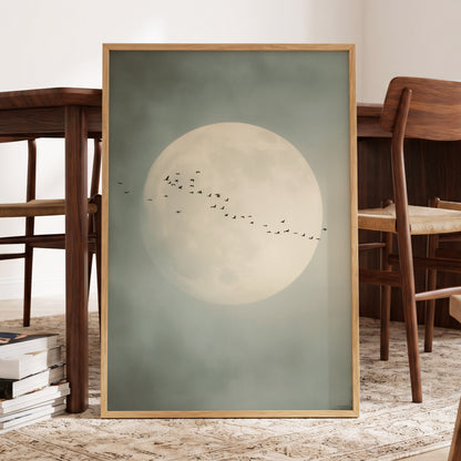 A framed art print featuring a large cream-colored moon and a flock of birds against a muted sage green background, styled in a warm, modern dining room setting.