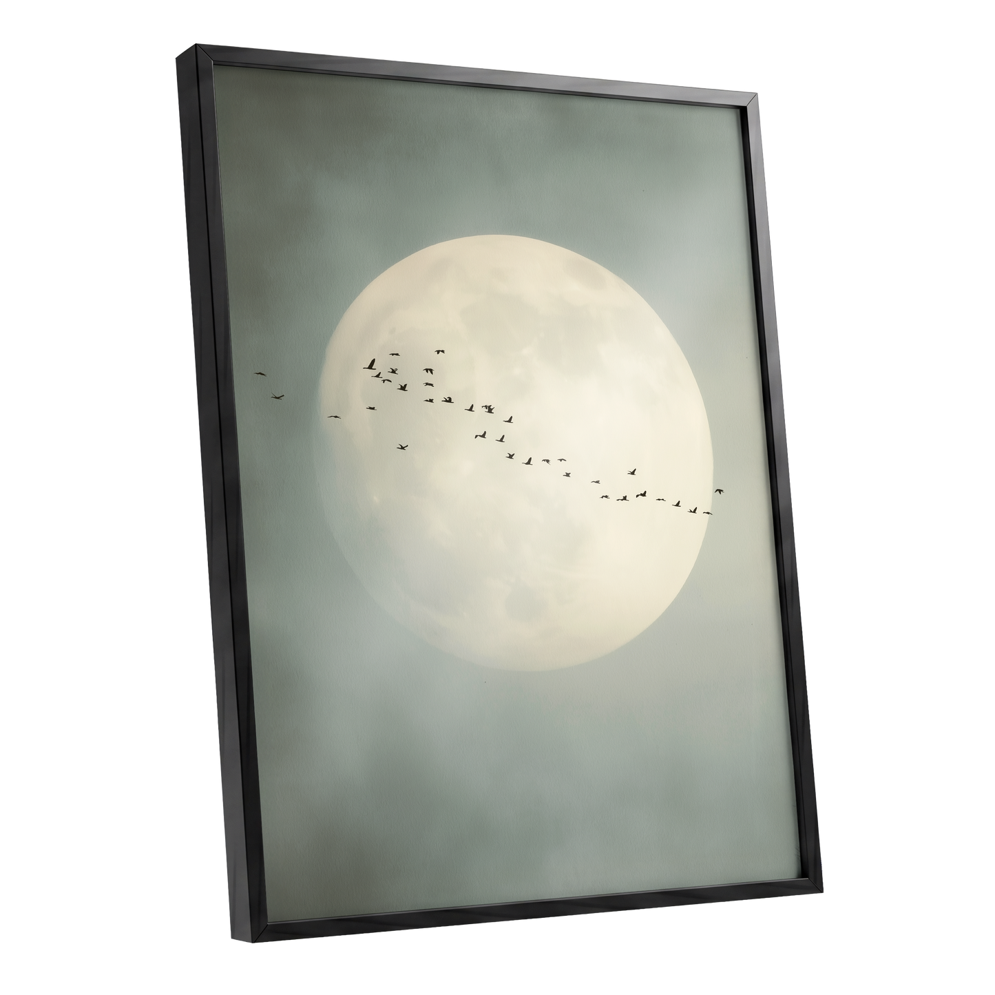Framed wall art featuring a large pale full moon in a misty gray-green sky, with a small flock of birds across the center, shown in a black frame on a white background.