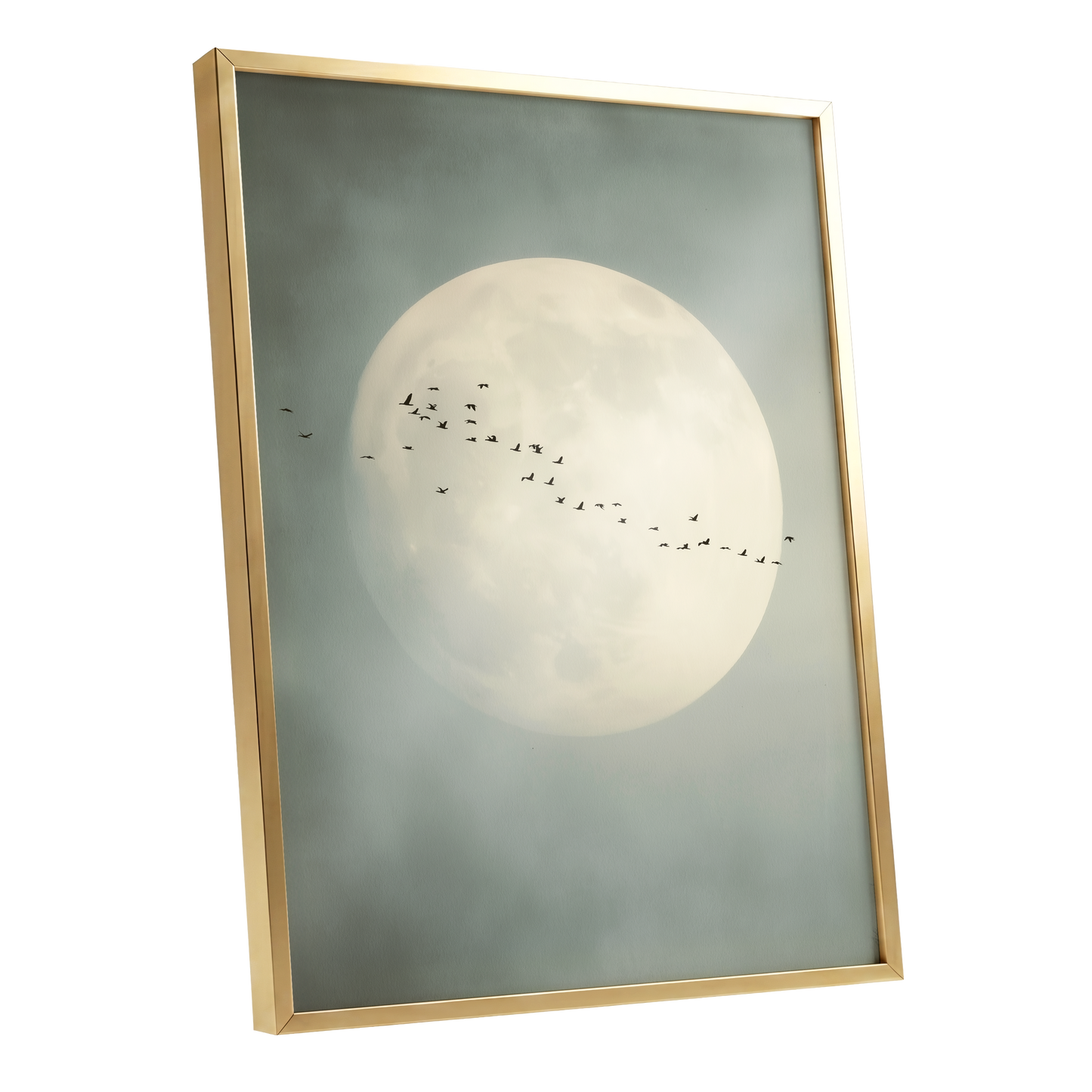 Framed wall art featuring a large pale full moon in a misty gray-green sky, with a flock of small birds flying across the center, shown in a thin gold frame on a white background.
