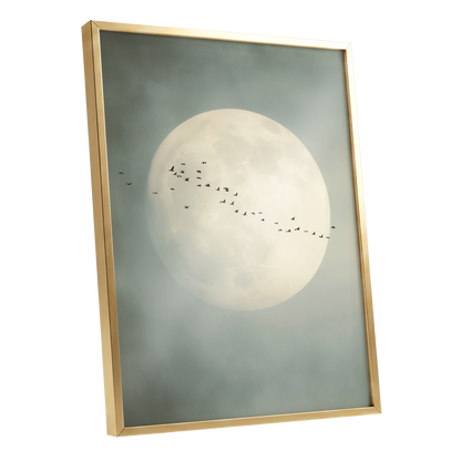 Framed wall art featuring a large pale full moon in a misty gray-green sky, with a flock of small birds flying across the center, shown in a thin gold frame on a white background.