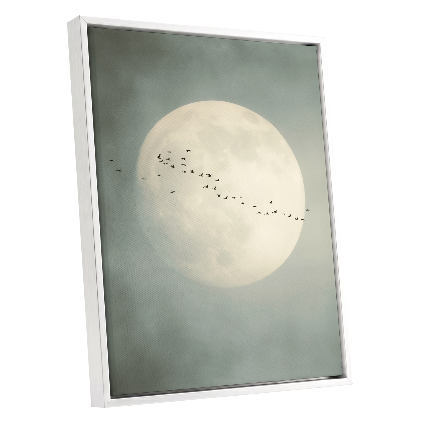 Framed wall art featuring a large pale moon in a misty gray-green sky with a small flock of birds across the center, shown in a white frame against a light gray background.